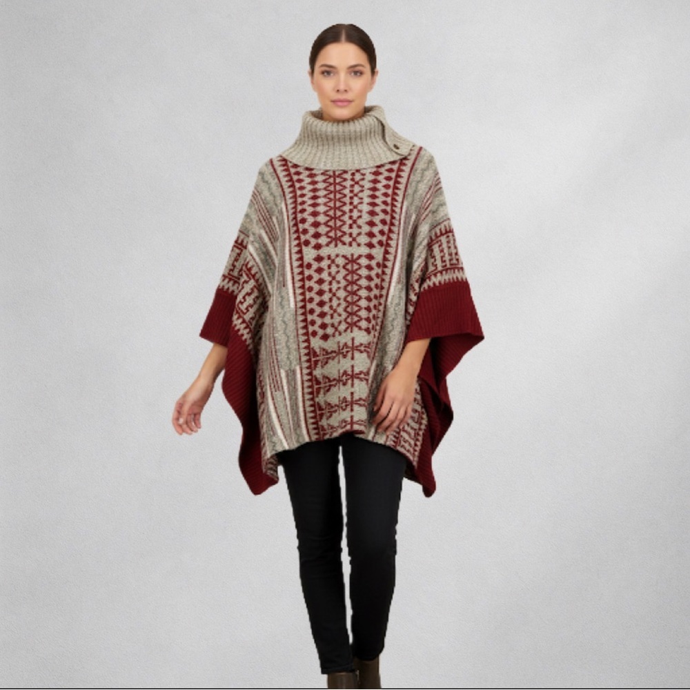 NorthStyle Knit Poncho Sweater M/L Red Beige Geometric Turtleneck Boho Nordic